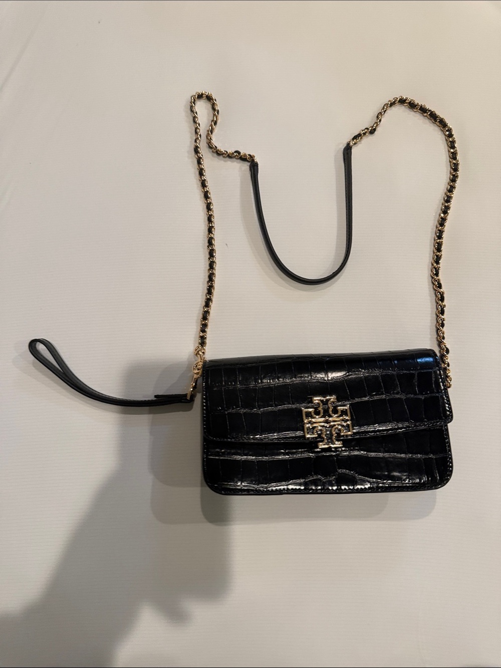 Tory Burch Black Croc-Embossed Leather Chain Crossbody with Gold Hardware